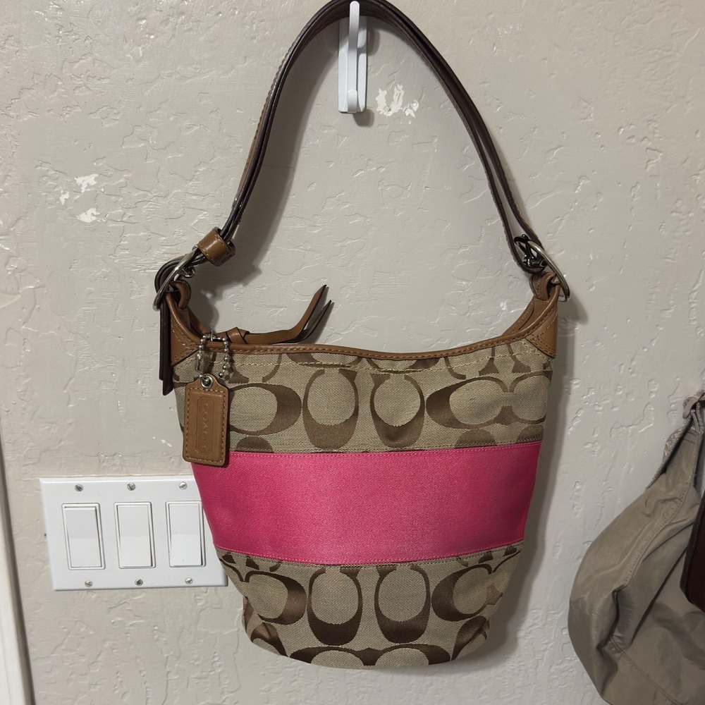 Coach Signature Canvas Pink Stripe Small Hobo Shoulder Bag F13362 Khaki Brown